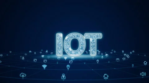 Blue digital 3D IOT logo with futuristic technology icon and line connection Stock Footage 157149835