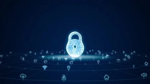 Blue digital 3D key logo with futuristic technology icon and line connection Stock Footage 158341602