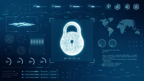 Blue digital 3D key logo with HUD background and futuristic technology Stockbeeldmateriaal 158519521