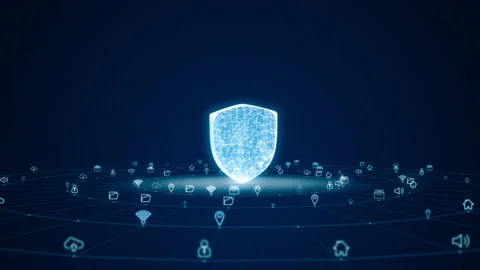 Blue digital 3D shield logo with futuristic technology icon and line connection Stock Footage 158341612