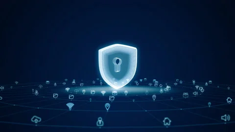 Blue digital 3D shield logo with futuristic technology icon with circle rotation Stock Footage 158341626