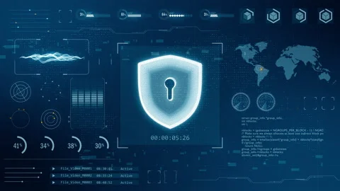 Blue digital 3D shield logo with HUD background and futuristic technology Stock Footage 158519535