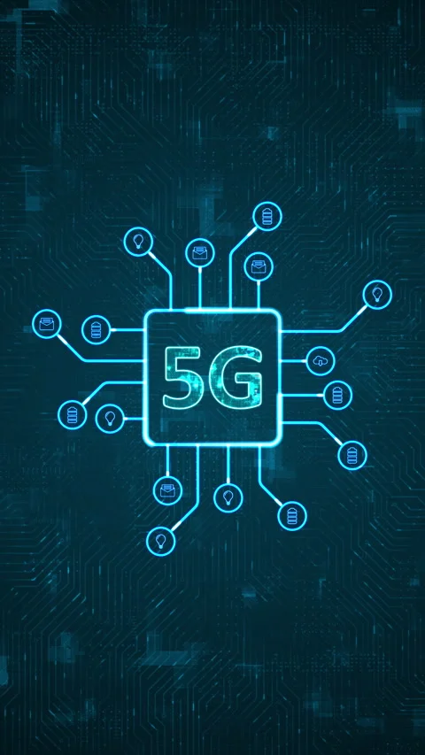 Blue digital 5G logo and futuristic HUD technology circuit board Stock-Footage 296757593
