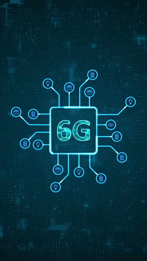 Blue digital 6G logo and futuristic HUD technology circuit board Stock Footage 296757586