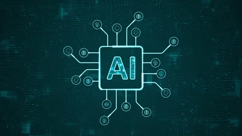 Blue digital AI assistant logo and futuristic HUD technology circuit board Stock Footage 271198229
