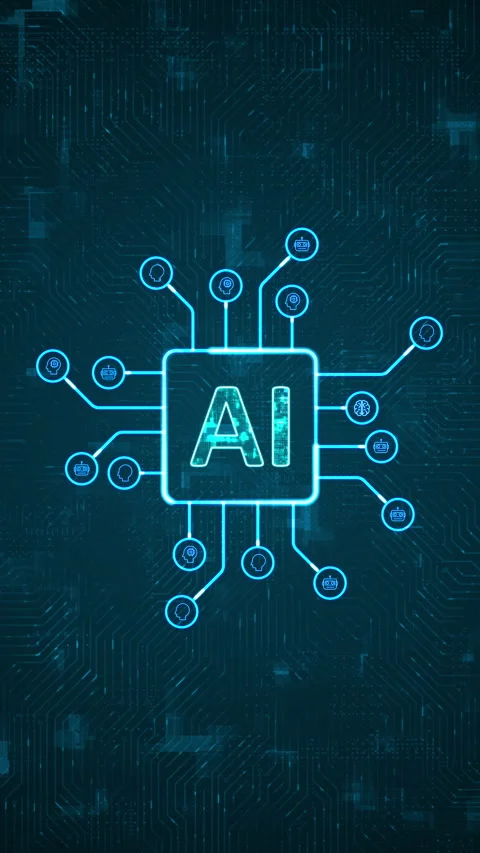 Blue digital AI assistant logo and HUD technology circuit board Stock Footage 296757314