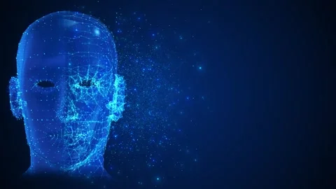 Blue digital AI human head polygon mesh, glowing particles, futuristic data Stock Footage 340477635