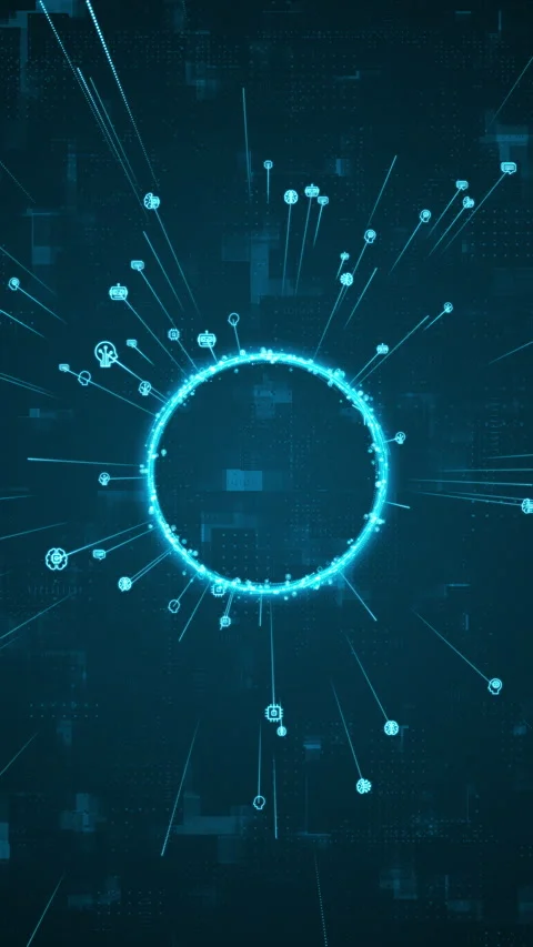 Blue digital AI icons ring rotation around logo with ai icon spread Stock Footage 292364701