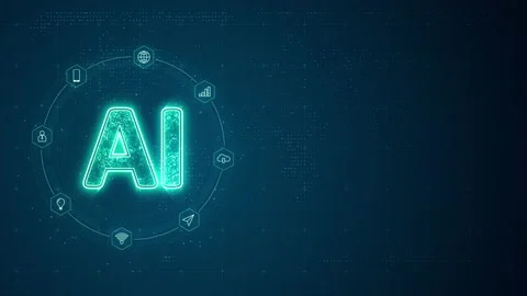 Blue digital AI LOGO with line connection and data transfer to futuristic Stock Footage 237447365