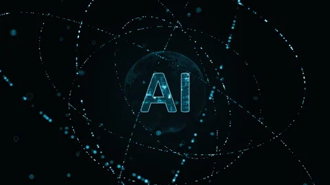 Blue digital AI logo with particle ring circle rotation and ai technology Stock Footage 252132374