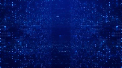 Blue digital analytics map background with glowing world dots, floating symbols, Stock Footage 340550412