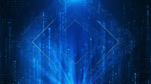 Blue digital arrow interface background dotted particles, glowing diamond shapes Stock Footage 340411325