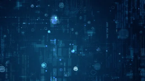 Blue digital artificial intelligence (AI) icon and data matrix simulation Stock Footage 245997482