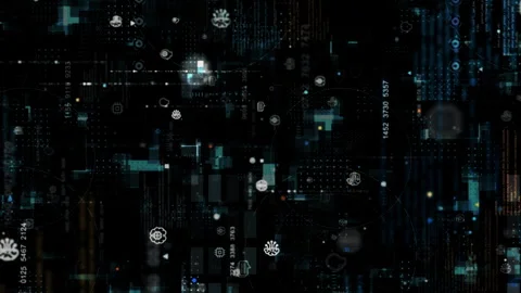 Blue digital artificial intelligence (AI) icon and data matrix simulation Stock Footage 245997493