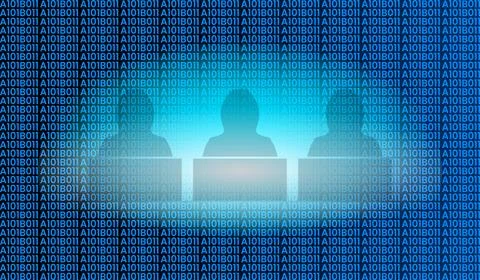Blue digital background with binary code pattern and people using laptops Stock Illustration
