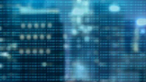 Blue digital background with binary code over a blurred city, representing .. Stock-Fotos