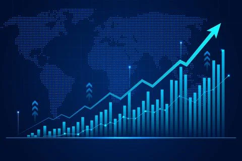 Blue Digital Bar and Line Graph with Upward Arrow over Faint World Map Illustrazione stock