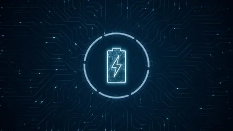 Blue digital battery logo and futuristic technology circle HUD Stock Footage 238917161