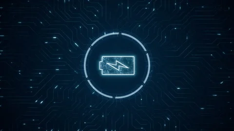 Blue digital battery logo and futuristic technology circle HUD Stock Footage 238917167