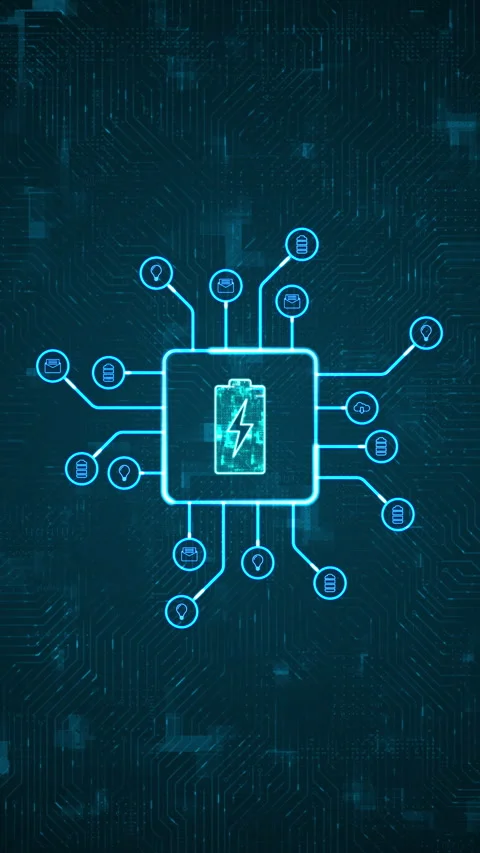Blue digital battery logo and futuristic HUD technology circuit board Stock-Footage 296757650