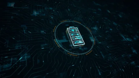Blue digital battery logo electrical power concept and futuristic technology Stock Footage 242525201