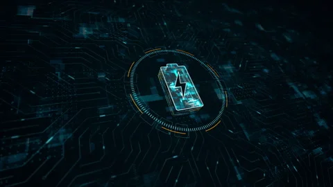 Blue digital battery logo electrical power concept and futuristic technology Stock Footage 242525226