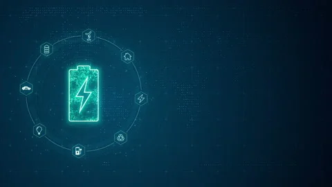 Blue digital battery LOGO with line connection and data transfer Stock Footage 237535650