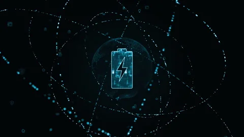 Blue digital battery logo with particle ring circle rotation and earth sphere Stockbeeldmateriaal 252525198