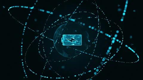 Blue digital battery logo with particle ring circle rotation Stock Footage 265996552
