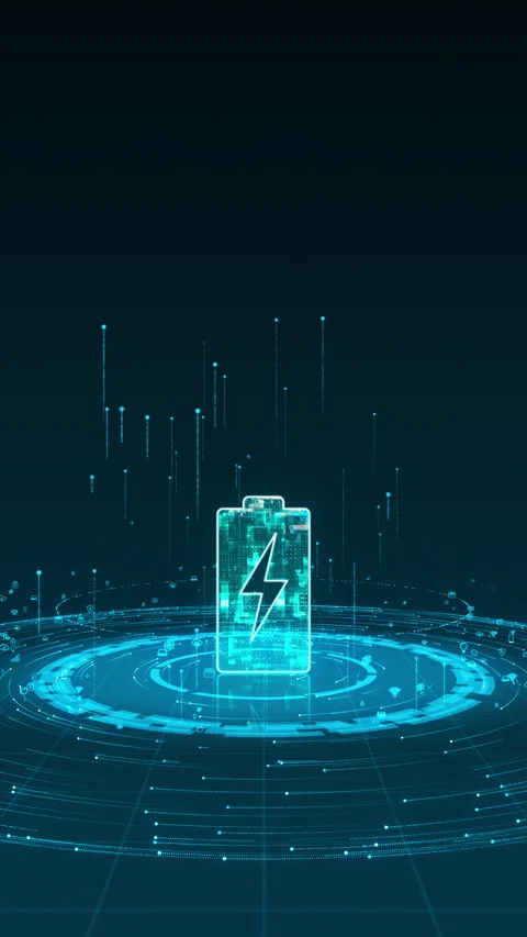 Blue digital battery logo with particle ring circle rotation with ai Stock Footage 285872323