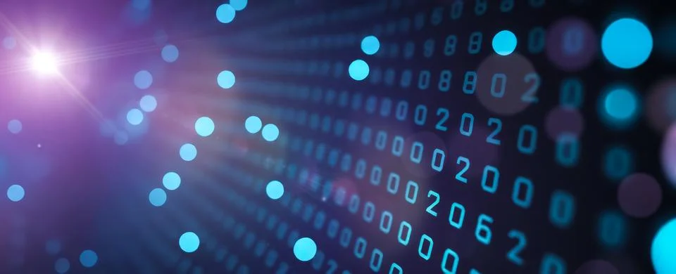 Blue digital binary code data stream, glowing dots on dark background, conc.. 写真素材