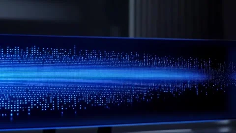 Blue digital binary code streaming dark with glowing across a computer screen. Vidéo 307399133