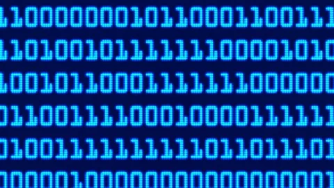 Blue digital binary data on computer screen with camera moving away Видео 129653874