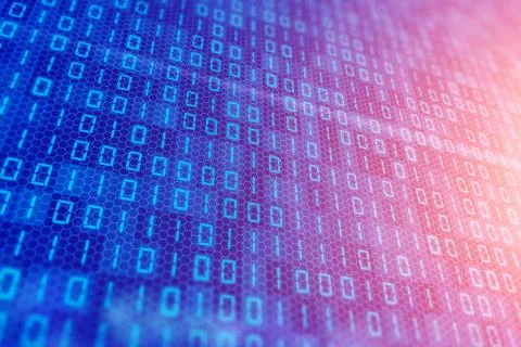 Blue digital binary data on computer screen with bokeh. Illustrazione stock