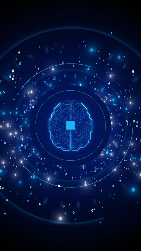 Blue digital brain interface binary particles, circular HUD futuristic Stock Footage 334120152