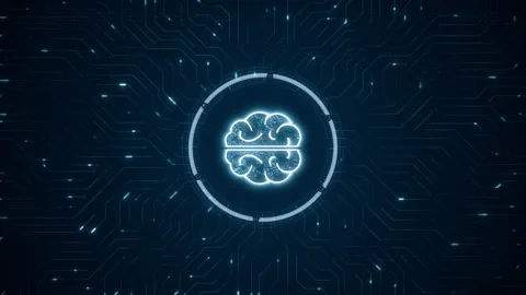 Blue digital brain logo and futuristic technology circle HUD Stock Footage 238917391