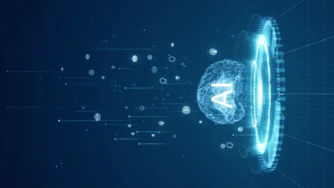 Blue digital brain logo and futuristic HUD with Ai chatbot and machine learning Stock Footage 245446264
