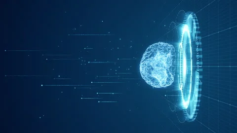 Blue digital brain logo and futuristic HUD with Ai chatbot and machine Stock Footage 245446278