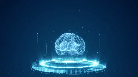 Blue digital brain logo and circle futuristic HUD with Ai chatbot Stock Footage 245446491