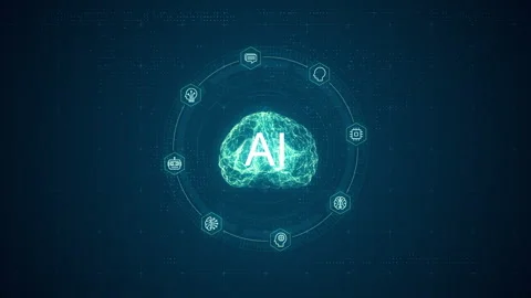 Blue digital brain logo and circle futuristic HUD with Ai chatbot Stock Footage 245997506