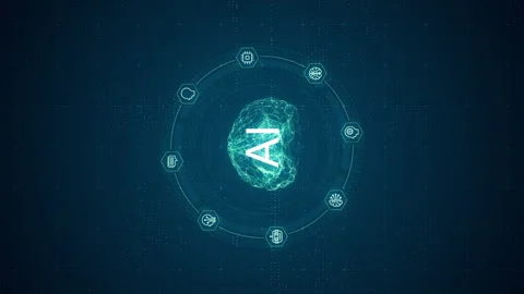 Blue digital brain logo and futuristic HUD with Ai chatbot and machine learning Stock Footage 245997553