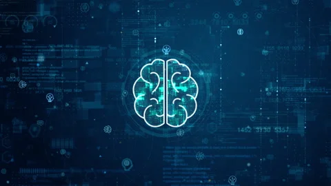 Blue digital brain logo and futuristic circle HUD big data processed with grid Video stock 246589922