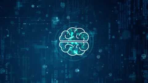 Blue digital brain logo and futuristic circle HUD big data processed Stock Footage 246876535