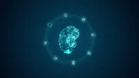 Blue digital brain logo and futuristic HUD with machine learning technology Stock-Footage 256233606