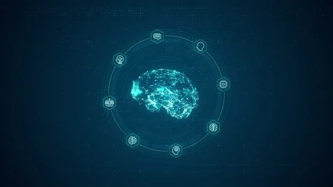 Blue digital brain logo and circle futuristic HUD with Ai chatbot Stock Footage 256233614
