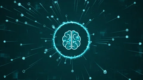 Blue digital brain logo and AI icons ring rotation around logo with ai icon Stock Footage 268255372