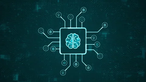 Blue digital brain logo and futuristic HUD technology circuit board with ai icon Stock Footage 282195531