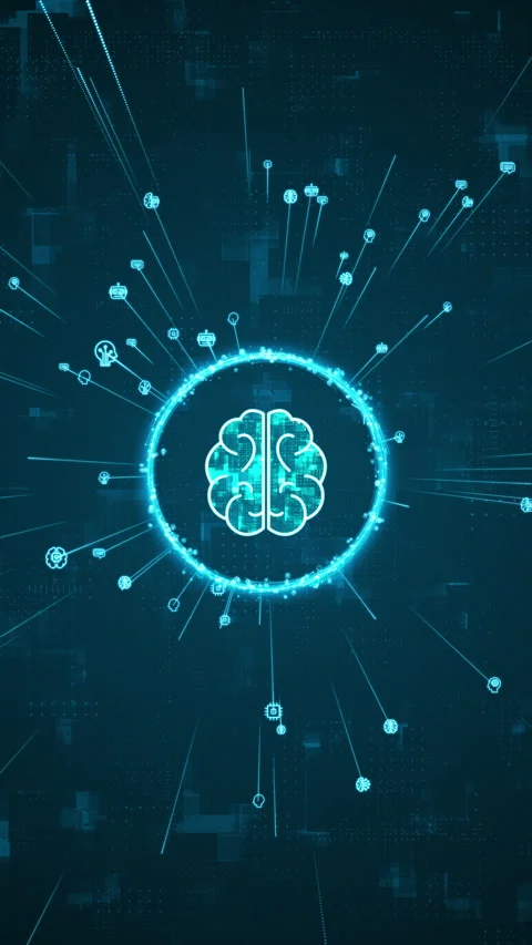 Blue digital brain logo and AI icons ring rotation around logo with ai icons Stock Footage 285872777