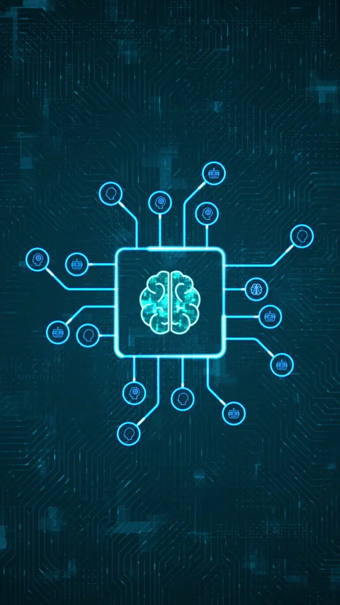 Blue digital brain logo and HUD technology circuit board with ai icon Stock Footage 296757397