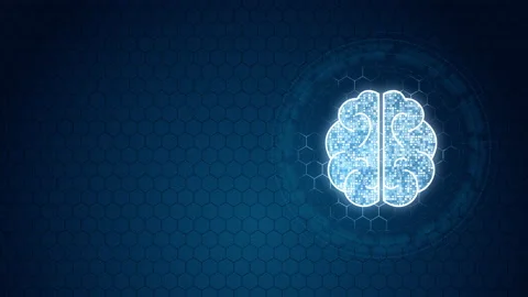 Blue digital brain logo with circle rotation on hexagon shape background Stock-Footage 234330801